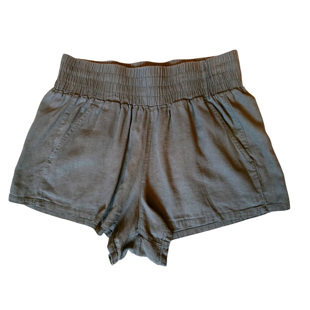 RSQ Women's L Boho Chic Olive Green‎ Smocked High Waist Linen Blend Shorts